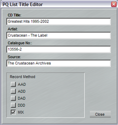 SADiE 5 PQ list title editor screenshot