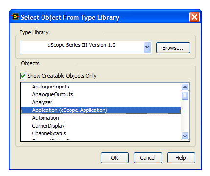 LabVIEW Screenshot: Select dScope Application